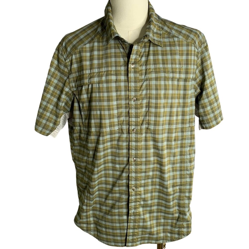 REI Button Up Hiking Fishing Shirt XL Green Checkered Vented Sleeves Pockets